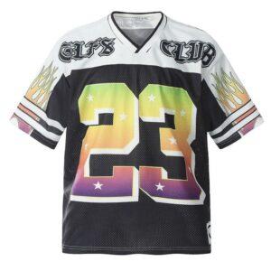 Men’s Mesh V-Neck Football Jersey with Flame Sleeves and Rainbow Number 23 Print.