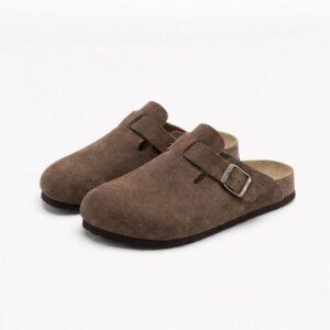 Men’s Classic Brown Suede Boston Clog with Adjustable Buckle Cork Footbed