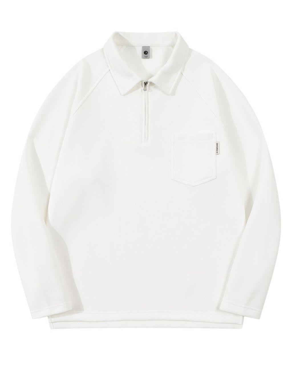 Men's Raglan Half Zipper Long-Sleeved Lapel T-shirt White