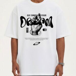 Men’s White Oversized Tee Featuring Go Embrace Your Dream Graphic