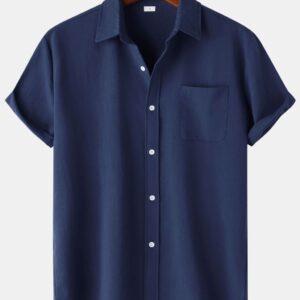 Men's Lapel Solid Color Short Sleeve Button Shirt Navy Blue