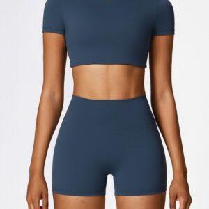 Women's Tight-Fitting Sanded Yoga Fitness Clothes Running Sports Suit (Short sleeve +Short ) Blue