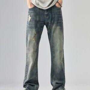 Men's Ripped High Street Fashion Slim Fit Distressed Straight Jean Trousers
